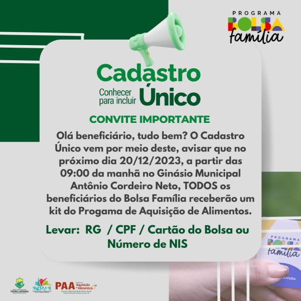 ATENÇÃO USUÁRIOS DO CADASTRO ÚNICO - CadÙnico - CONVITE IMPORTÂNTE