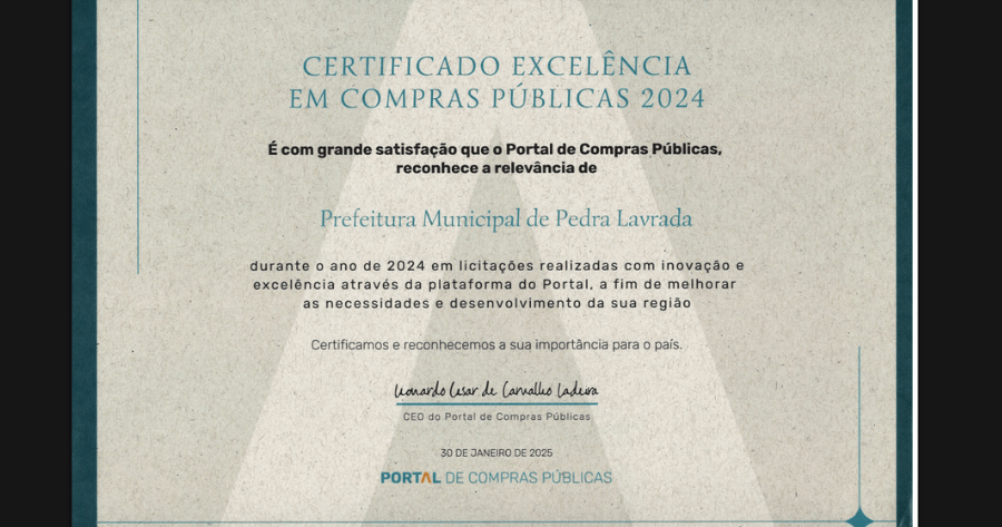 Pedra Lavrada recebe Certificado de Excelência em Compras Públicas 2024